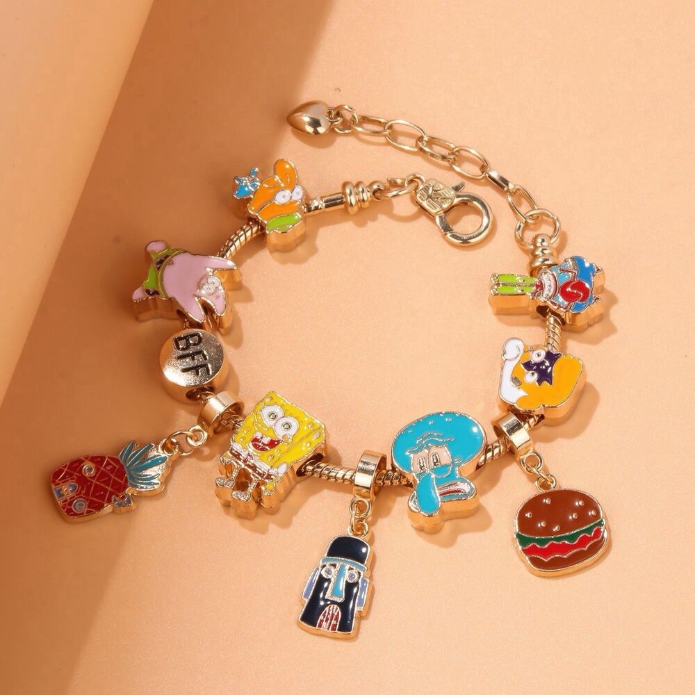 SpongeBob SquarePants Cartoon Charm Bracelet Gold Tone BFF Jewelry - Picture 2 of 7